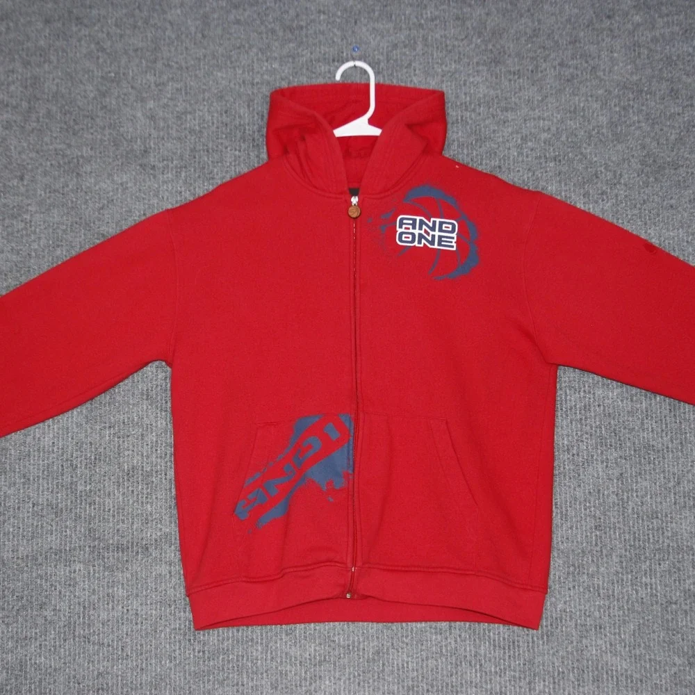 VTG AND1 Kids Red Zip Up Hoodie‎ Basketball Size XL 18 20 Y2K Streetwear Flawed